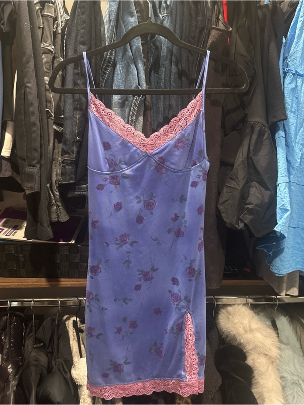 Motel Rocks Lavender Slip Dress with Pink Lace Trim